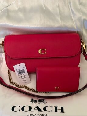 ❤️Coach Candy Apple Red Brooke Chain Flap Bag / Matching Wallet & Brass Hardware